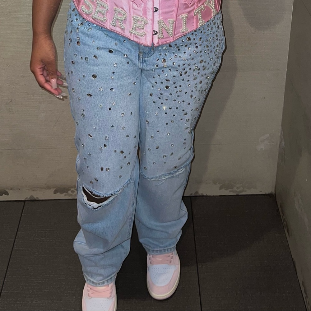 Fashion Nova “Razzle Dazzle Embellished Straight Leg Jeans”.